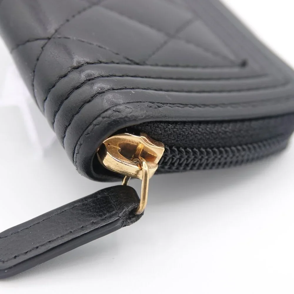 Chanel Boy Zip Around Coin Purse Wallet Lambskin Black
